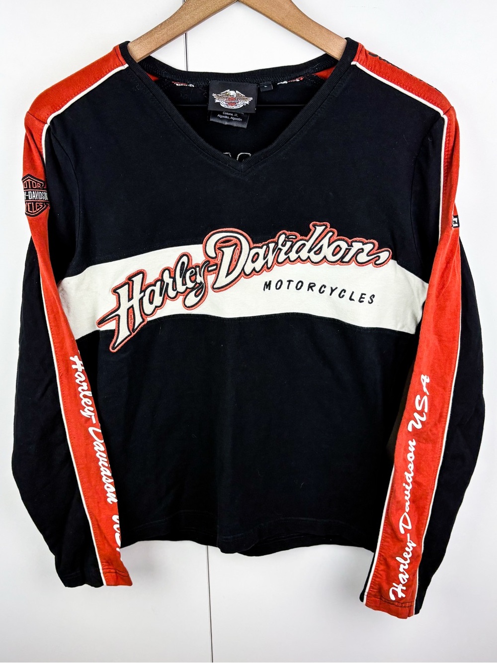 Harley Davidson Y2K Vintage Motorcycle Logo Long Sleeve Tee Shirt Orange Black